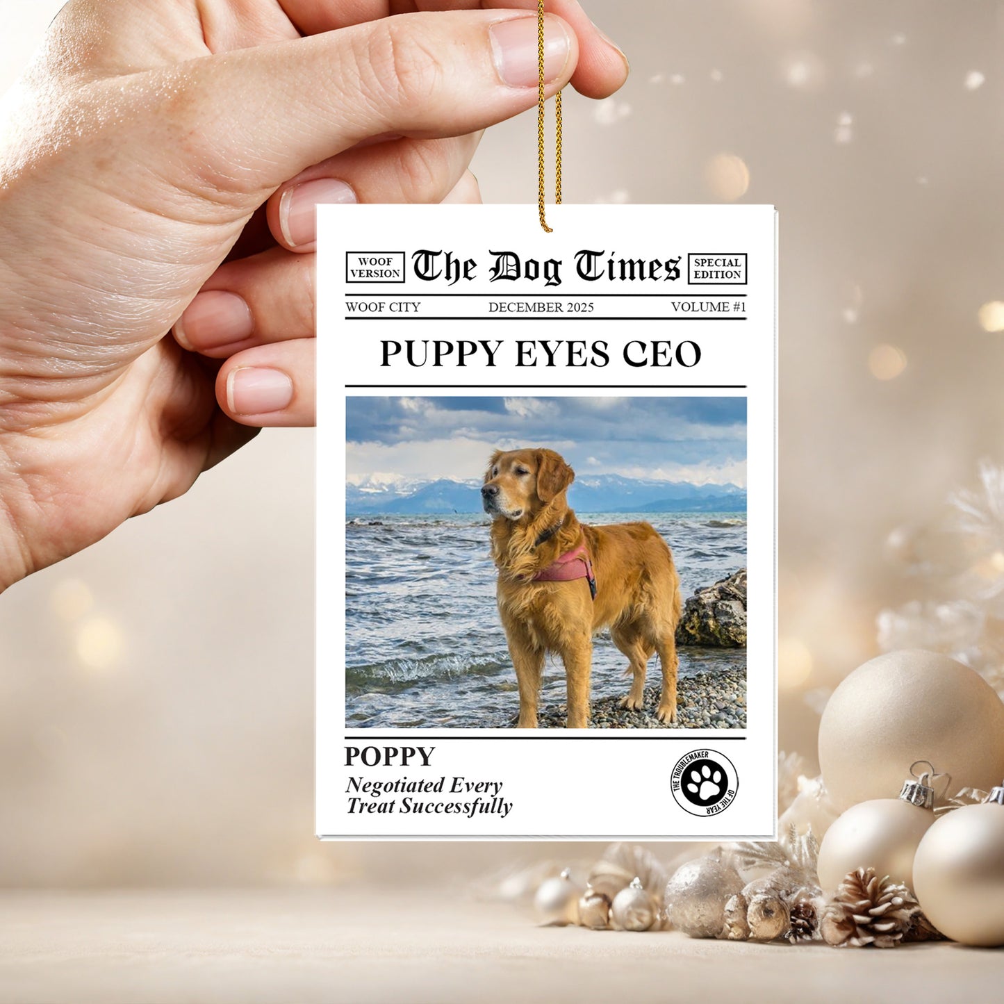 Title The Dog Times Newspaper Ornament, Personalized Shape Ornaments, Family Gifts, Christmas Ornament
