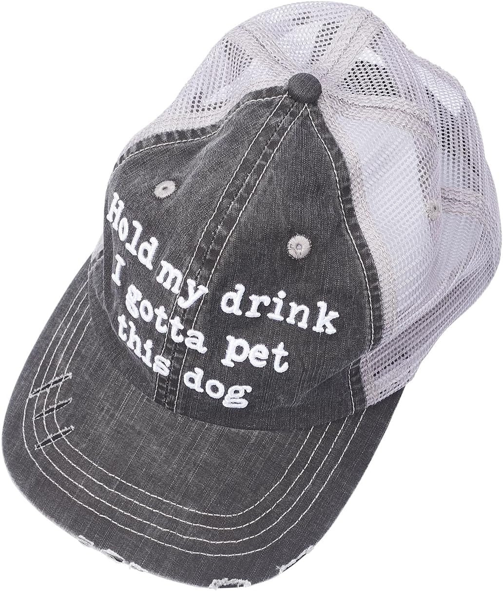 Hold My Drink I Gotta Pet This Dog Embroidered Distressed Trucker Cap Black