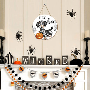 Halloween Decorations Wood Sign, Hey Boo Dachshund Pumkin Circle Door Sign, Halloween Themed Wooden Hanging Sign