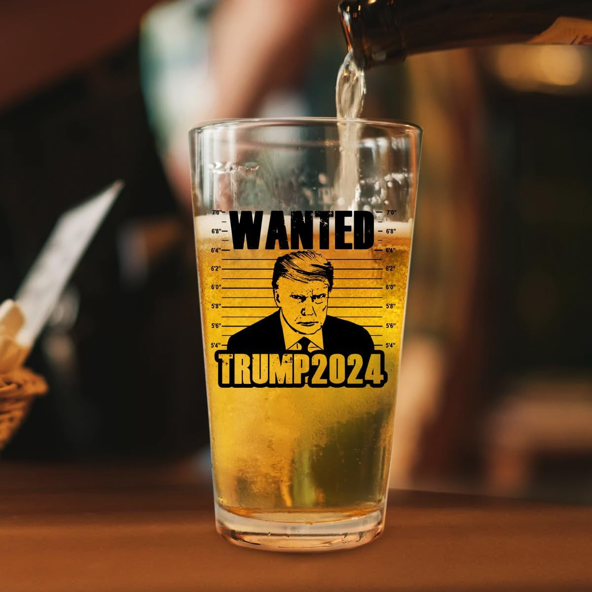 Wanted Trump 2024, Engraved Beer Glass, Election 2024
