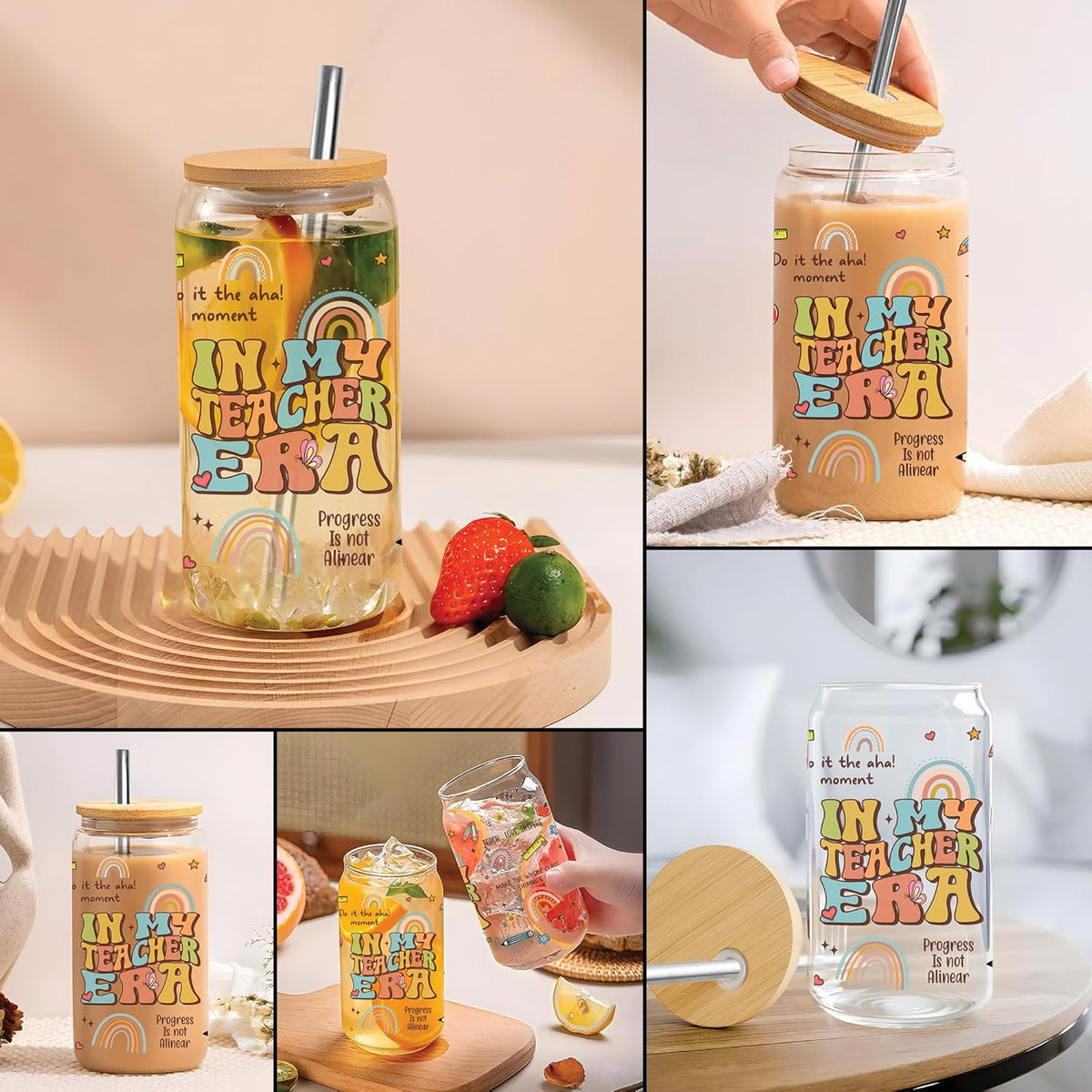 In My Teacher Era 16 Oz Iced Coffee Glass Cup, Personalized Glass Cup