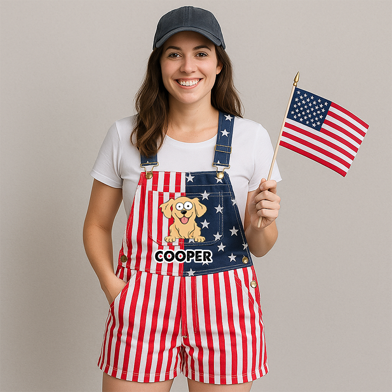 Custom American-Flag Denim Short Overalls, Pop-Eyed Dog Graphic, Stars & Stripes Panels, Brass Hardware, July 4th, 250 Years Of America