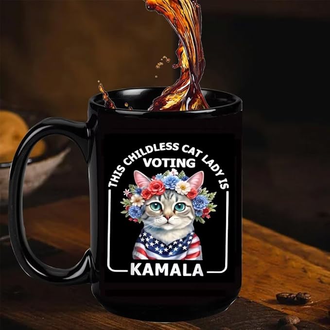 Cat Lady Kamala Harris Black Mug, Gift For Kamala Supporters, Election 2024