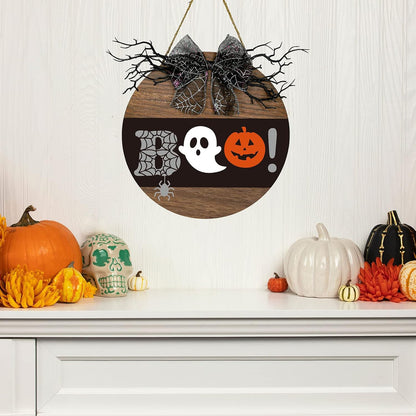 Halloween Decorations Wood Sign, Boo! Circle Door Sign, Halloween Themed Wooden Hanging Sign