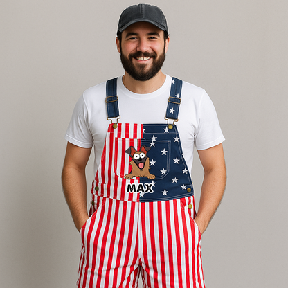 Custom American-Flag Denim Short Overalls, Pop-Eyed Dog Graphic, Stars & Stripes Panels, Brass Hardware, July 4th, 250 Years Of America