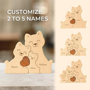 Personalized Custom Cat Family Wooden Puzzle DIY Engraving Name Sculpture Home Decor