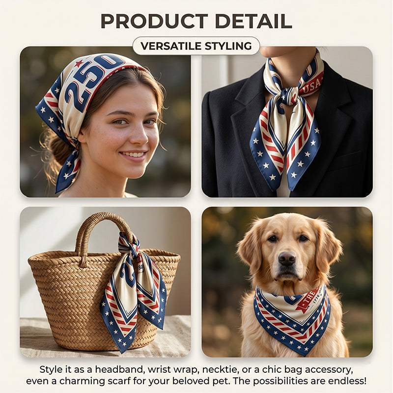 USA 250th Anniversary Silk Bandana (1776-2026), Vintage American Flag Stars & Stripes Scarf