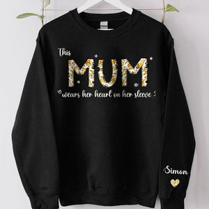 This Mommy Grandma Wears Her Heart On Her Sleeve, Personalized Sweatshirt Custom Name On Sleeve, Family Sweatshirt, Christmas Gift