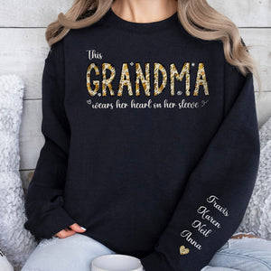 This Mommy Grandma Wears Her Heart On Her Sleeve, Personalized Sweatshirt Custom Name On Sleeve, Family Sweatshirt, Christmas Gift