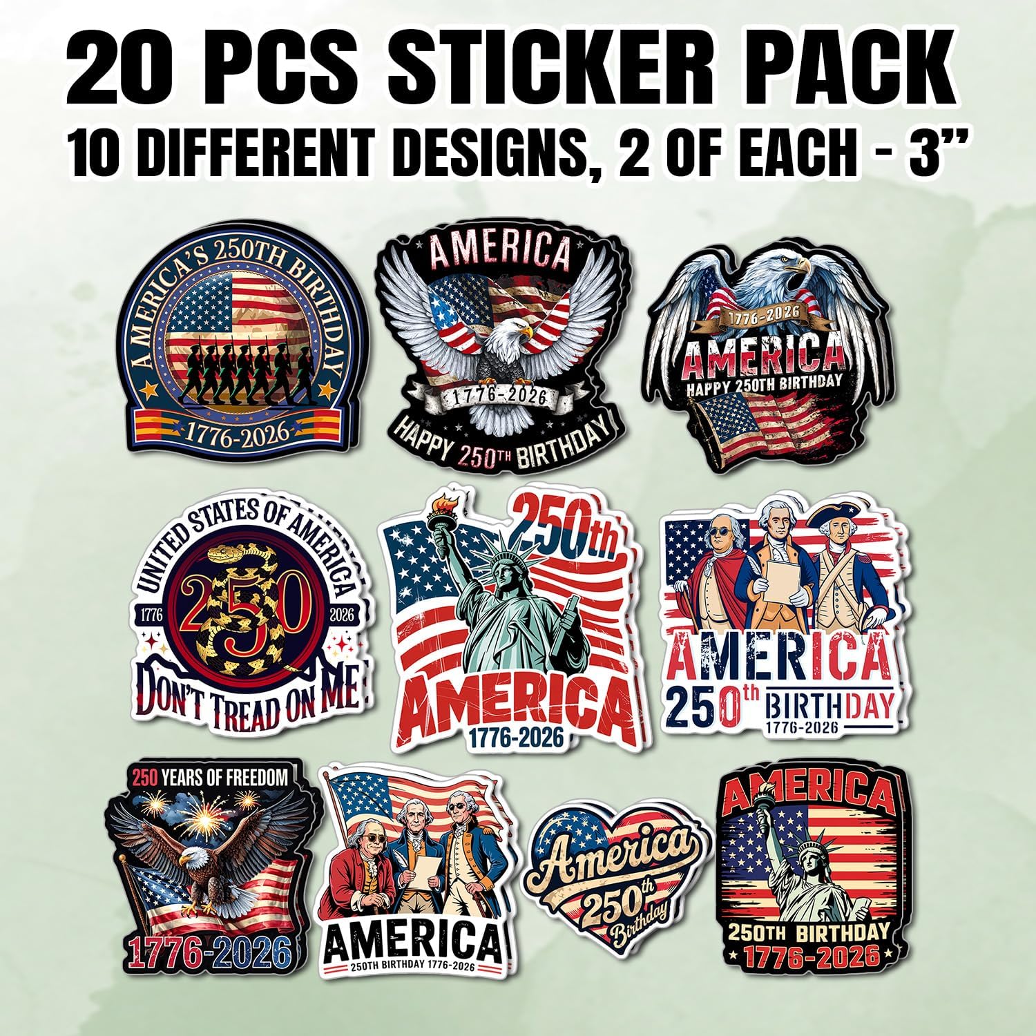 (20Pcs-3In) America 250Th Birthday Sticker USA 250 Years of Freedom Anniversary 1776 2026 Statue of Liberty Eagle Independence Day Waterproof Vinyl Sticker for Water Bottle Car Laptop