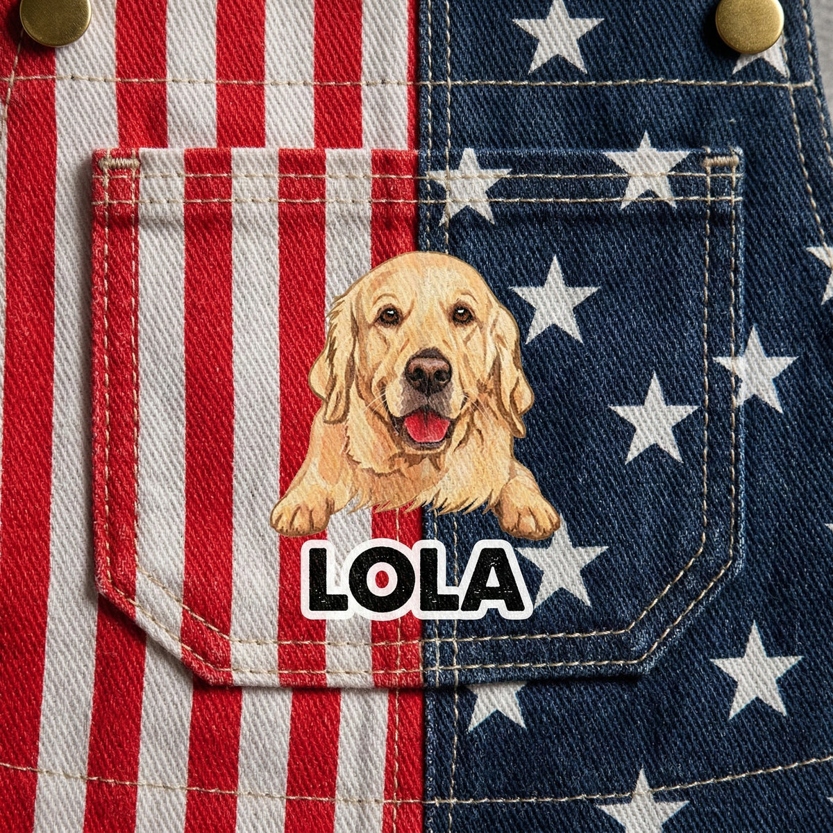 Custom American-Flag Denim Short Overalls, Dog And Name Clipart, Stars & Stripes Panels, Brass Hardware, July 4th, 250 Years Of America