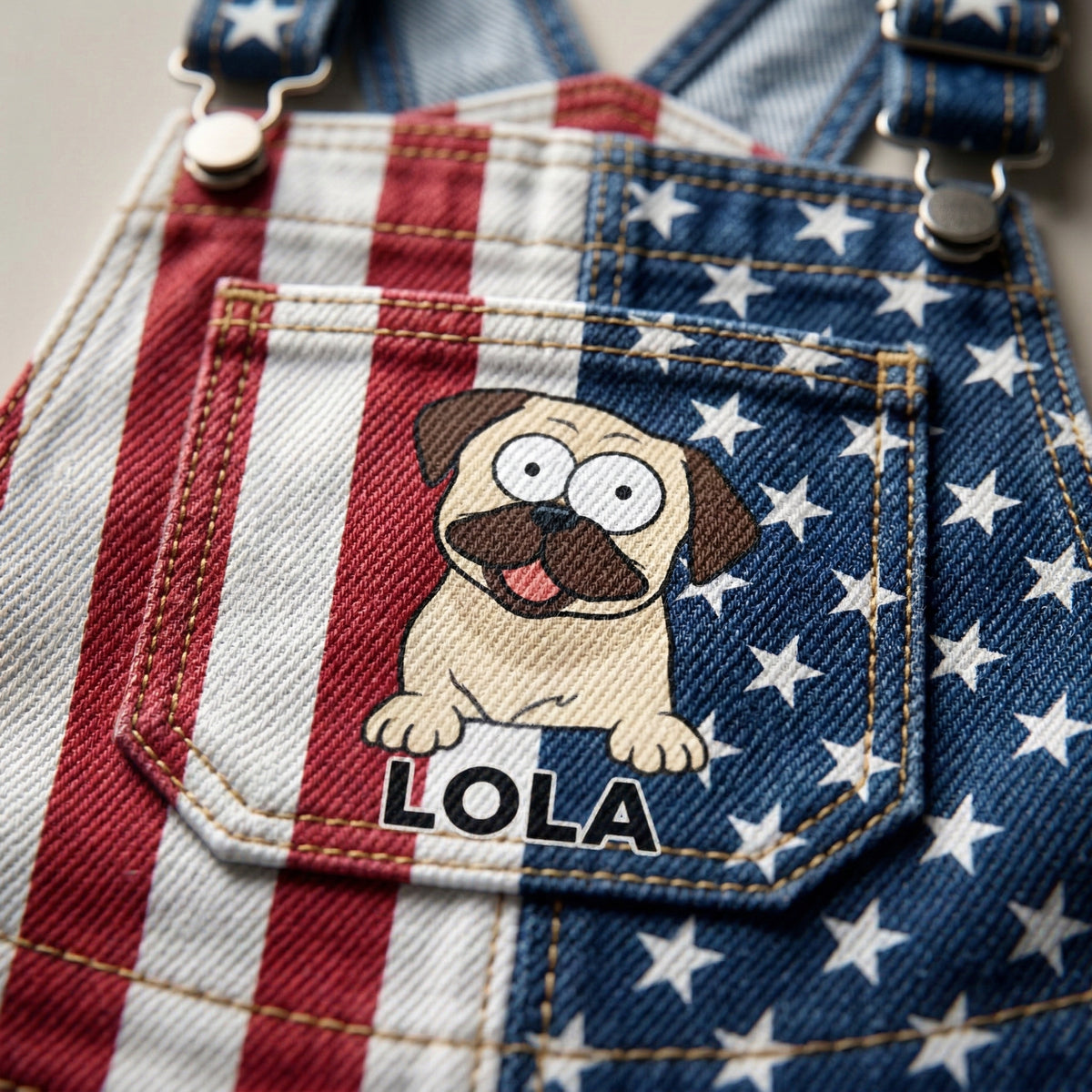 Custom American-Flag Denim Short Overalls, Pop-Eyed Dog Graphic, Stars & Stripes Panels, Brass Hardware, July 4th, 250 Years Of America