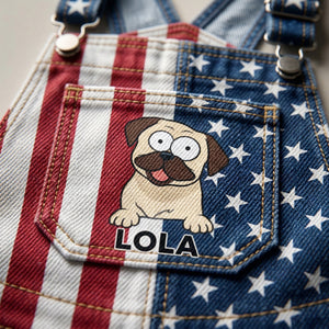 Custom American-Flag Denim Short Overalls, Pop-Eyed Dog Graphic, Stars & Stripes Panels, Brass Hardware, July 4th, 250 Years Of America