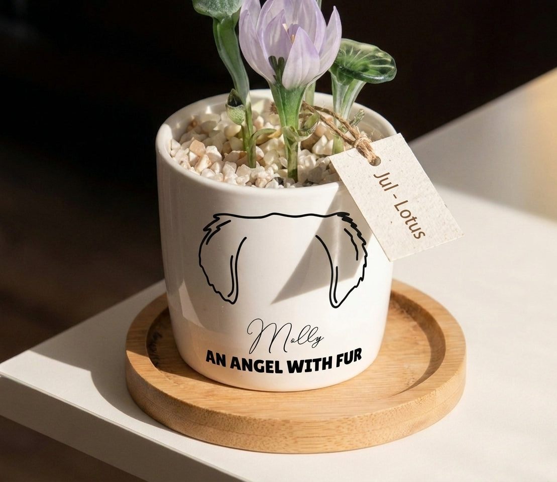Personalized Dog Loss Gifts, "An Angel With Fur" Planter, Pet Memorial, Custom Design & Birth Month Flower
