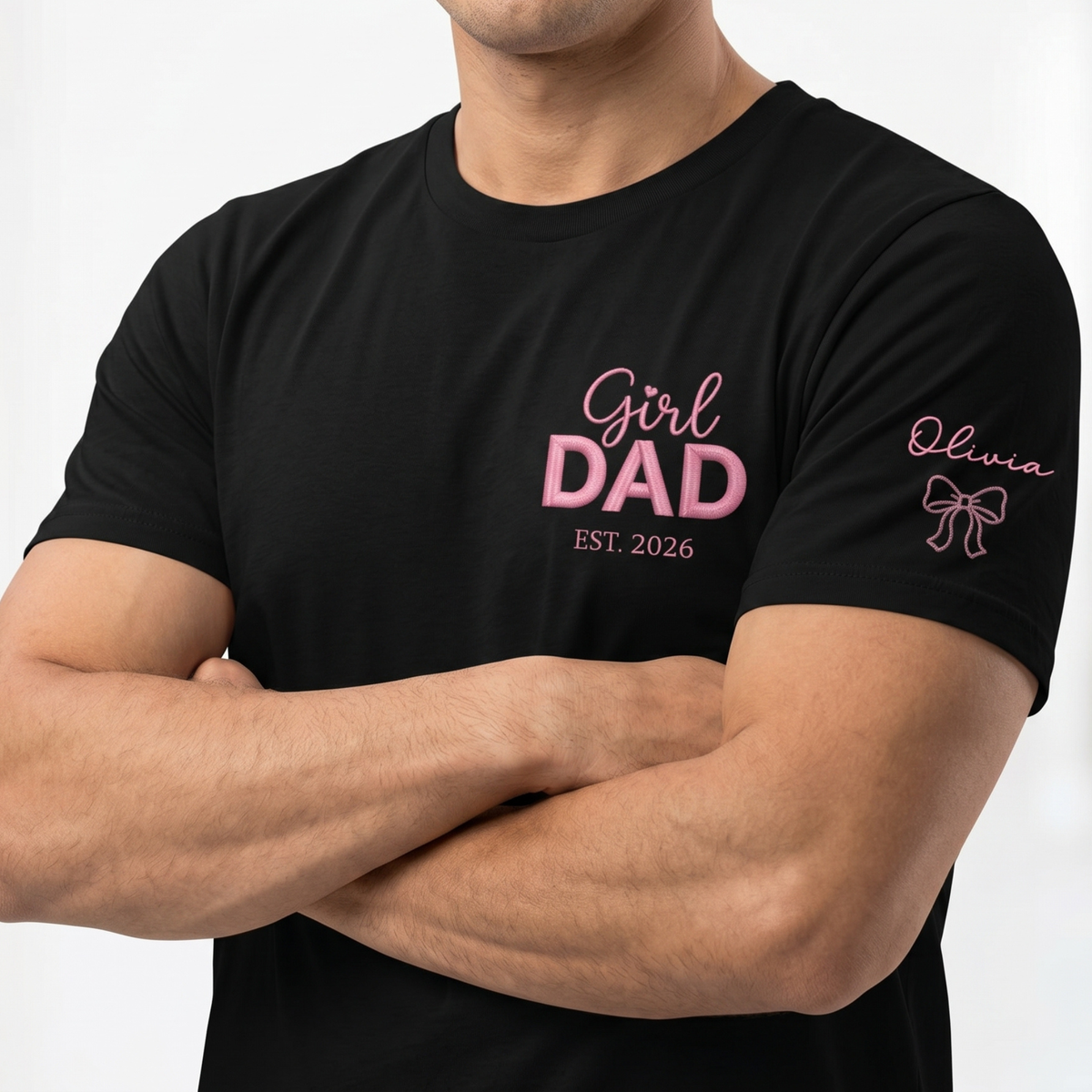Girl Dad EST, Faux Embroidery Personalized Shirt, Chest & Sleeve Custom Design