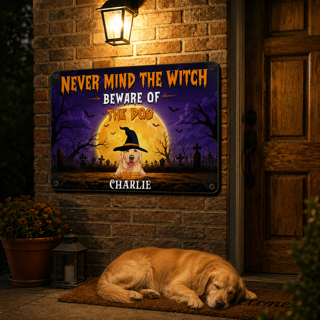 Never Mind The Witch, Custom Metal Sign, Halloween Home Decor For Dog Lovers