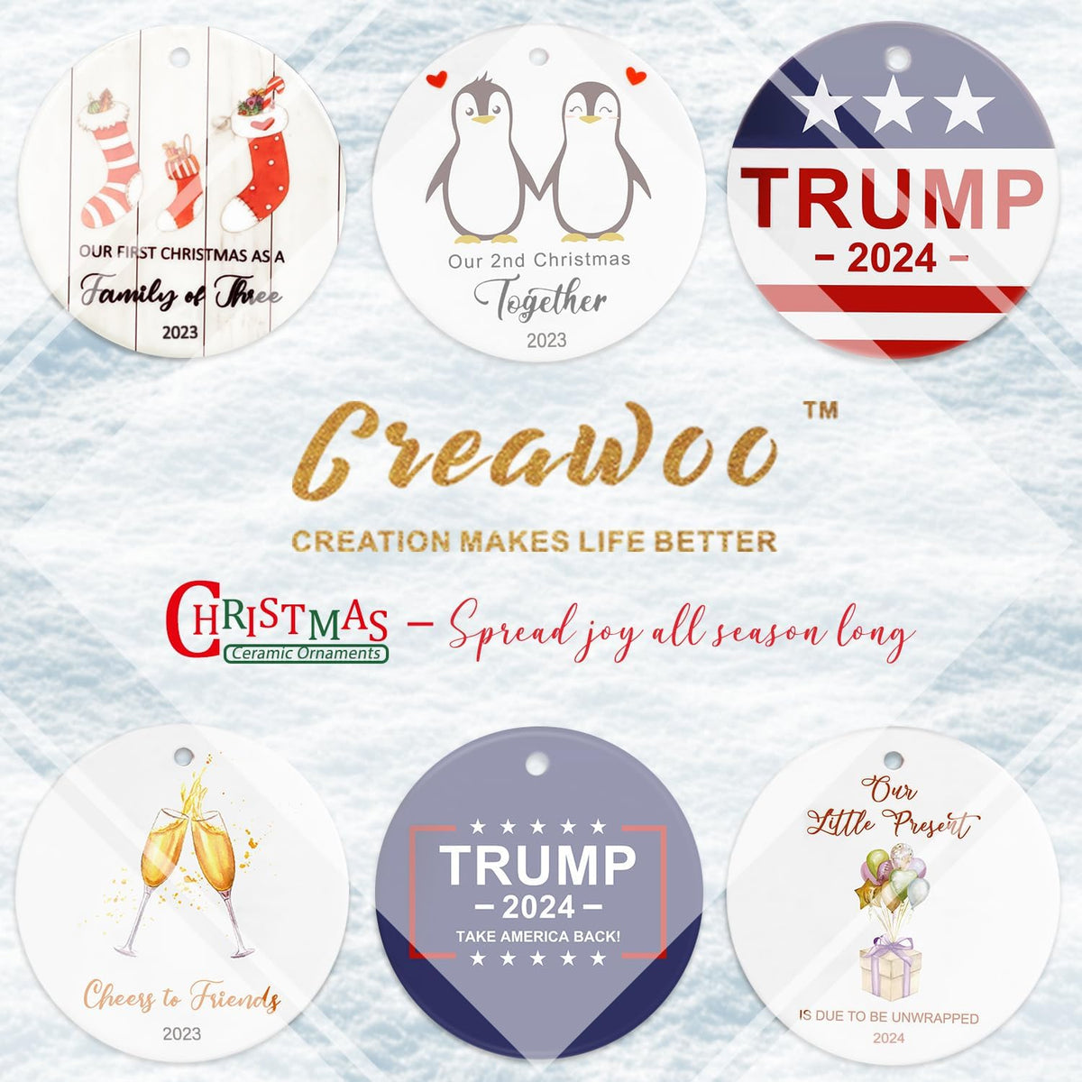 Christmas Ornament, Unfade Ceramic Tree Ornament, US Flag, President Trump, 2024 Make America Great Again, Patriotic Xmas Gift with Red Ribbon & Gift Box