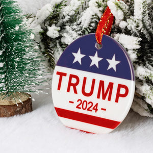 Christmas Ornament, Unfade Ceramic Tree Ornament, US Flag, President Trump, 2024 Make America Great Again, Patriotic Xmas Gift with Red Ribbon & Gift Box