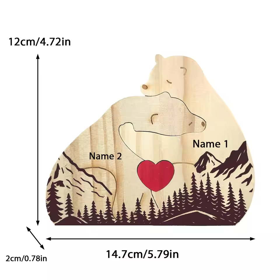 Personalized Custom Mountain Bear Family Wooden Puzzle DIY Engraving Name Sculpture Home Decor