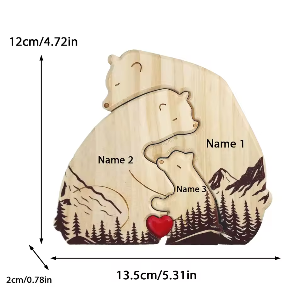 Personalized Custom Mountain Bear Family Wooden Puzzle DIY Engraving Name Sculpture Home Decor