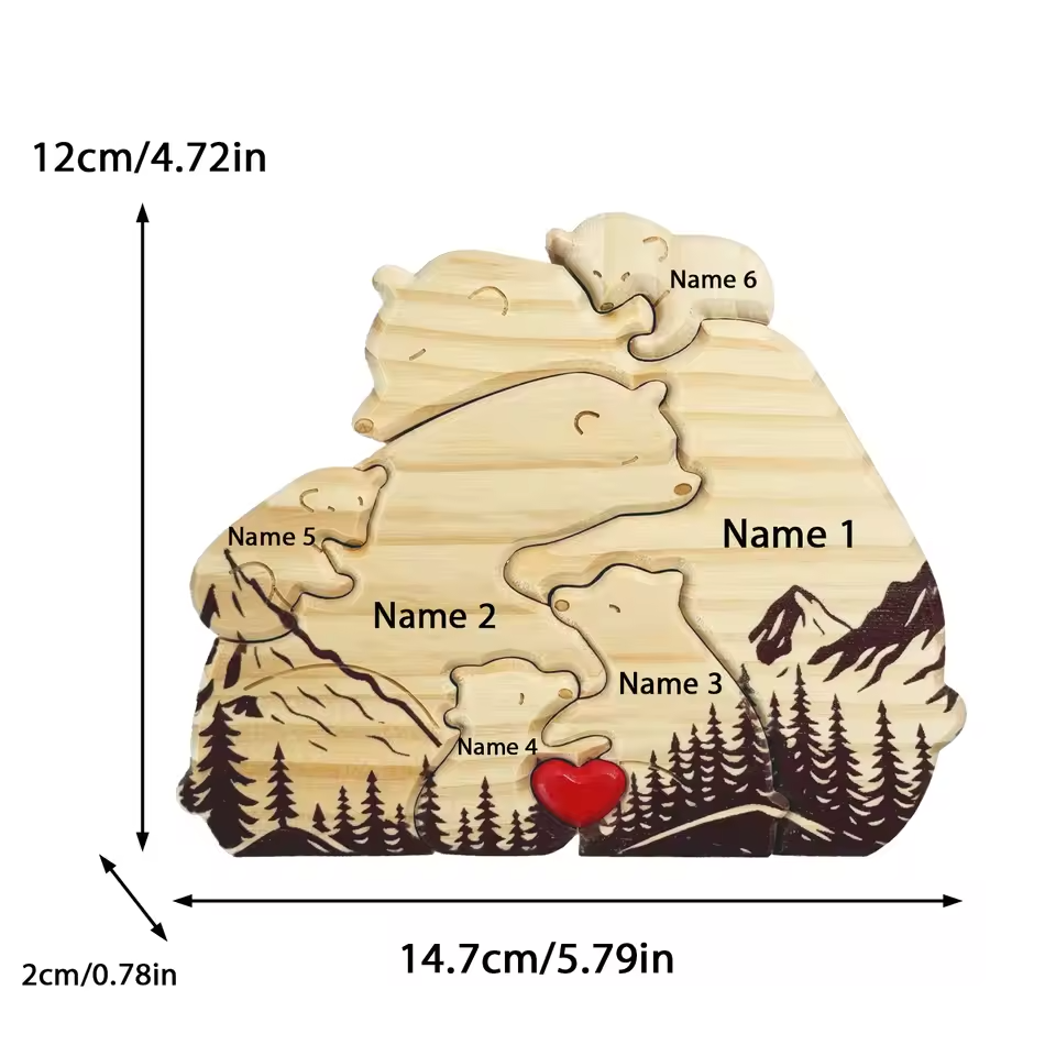 Personalized Custom Mountain Bear Family Wooden Puzzle DIY Engraving Name Sculpture Home Decor