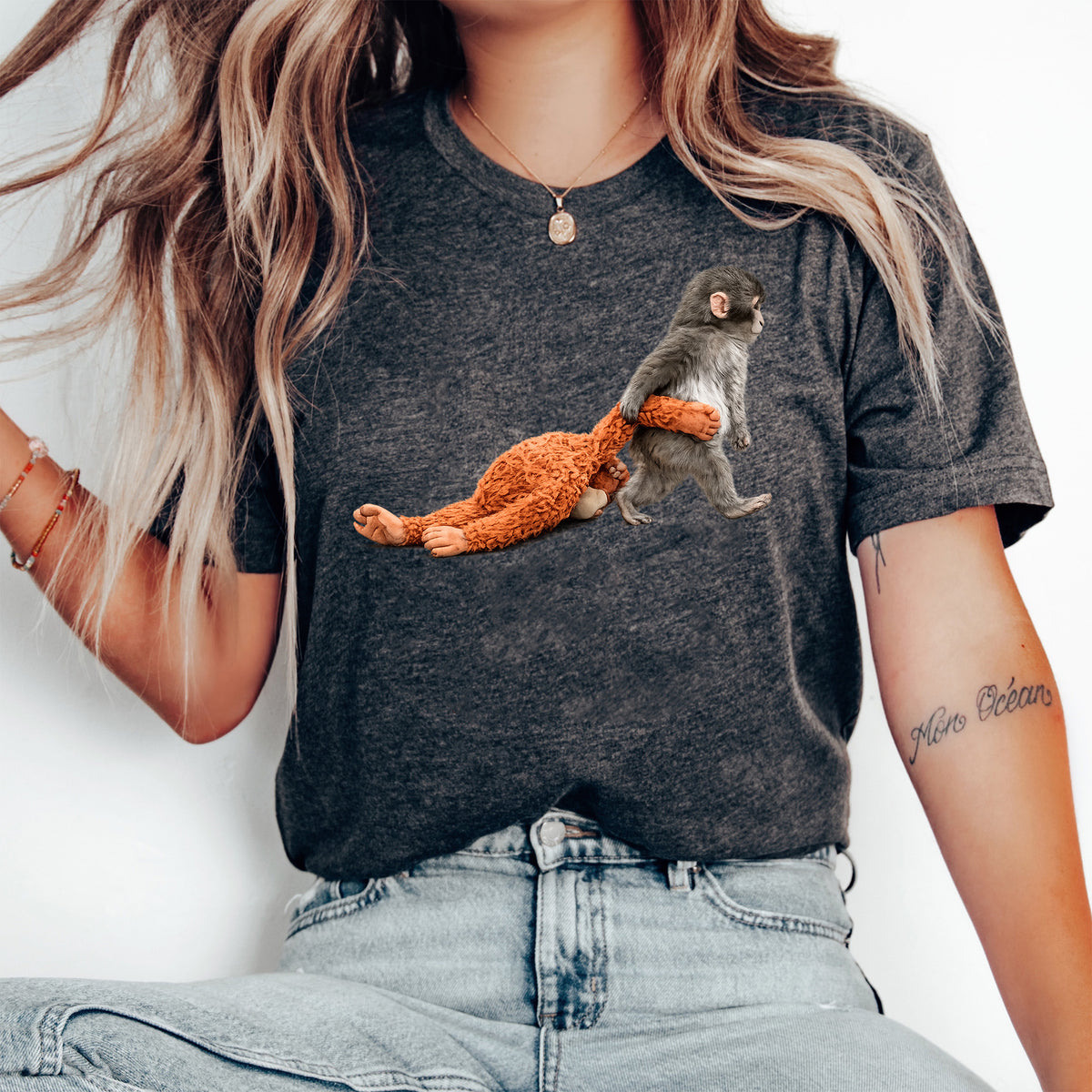 Lovely Punch Monkey With Plush Dark Shirt, Punch Monkey Sweatshirt