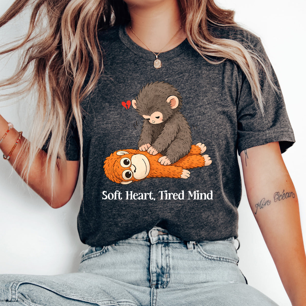 Soft Heart Tired Mind Punch Monkey With Plush Dark Shirt, Punch Monkey Sweatshirt