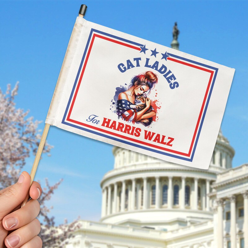 Cat Ladies For Harris Walz, Two Sides Hand Flag, Gift For Kamala Harris Supporters, Election 2024