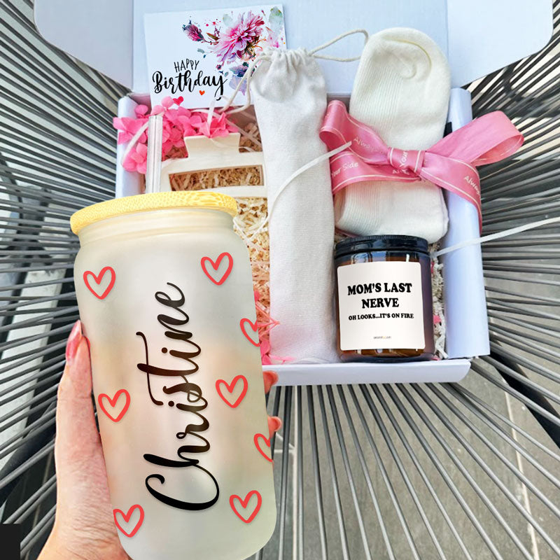 Gift Box For Women, Custom Text Iced Coffee Cup And Candle, Mother's Day Gift