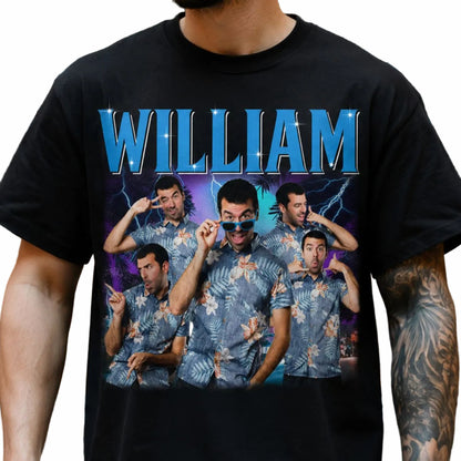 A man wearing a black graphic t-shirt featuring a humorous print of the same man in a blue floral Hawaiian shirt, posed six times under the word 'WILLIAM' in bold blue letters.