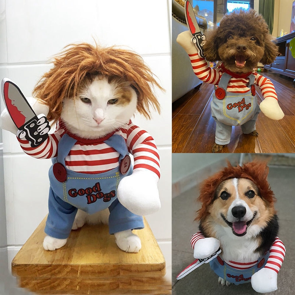 Deadly Doll Dog Costume, Knife-Wielding Canine Cosplay Outfit Dog Halloween Costume, Pet Accessories