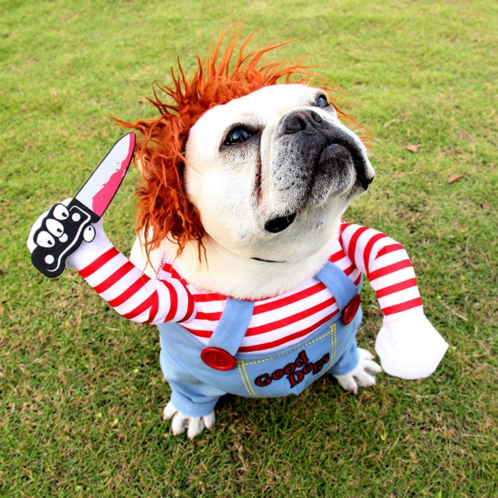 Deadly Doll Dog Costume, Knife-Wielding Canine Cosplay Outfit Dog Halloween Costume, Pet Accessories