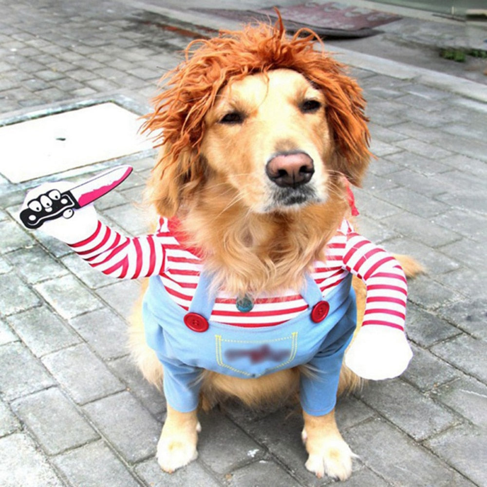 Deadly Doll Dog Costume, Knife-Wielding Canine Cosplay Outfit Dog Halloween Costume, Pet Accessories