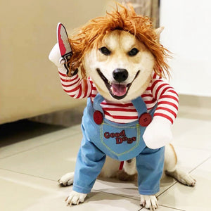 Deadly Doll Dog Costume, Knife-Wielding Canine Cosplay Outfit Dog Halloween Costume