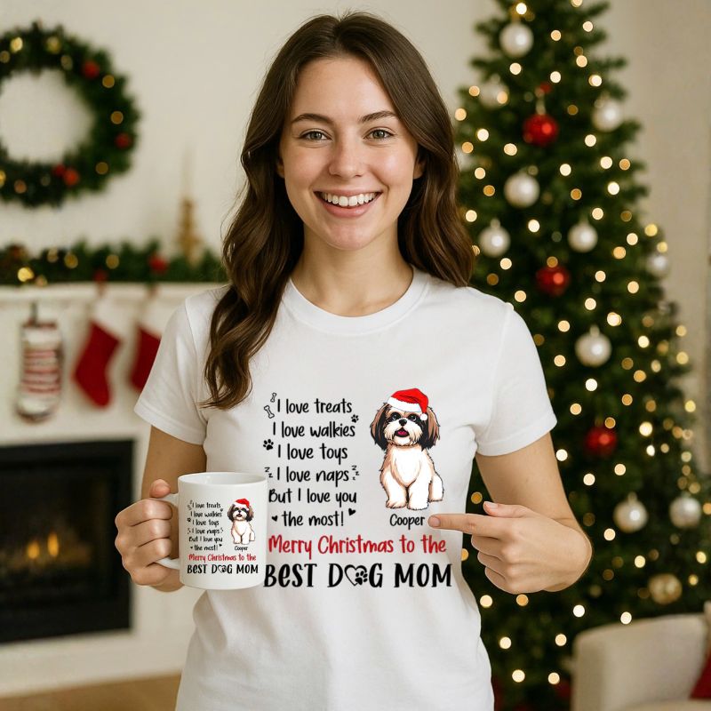 Combo I Love Treats Personalized Shirt And Mug, Christmas Version, Birthday Gift, Gifts For Dog Lovers, Custom Photo