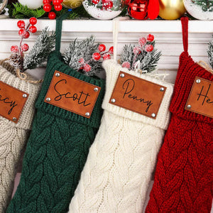 Family Christmas Stockings, Personalized Leather Patch Stocking, Knitted Christmas Stocking