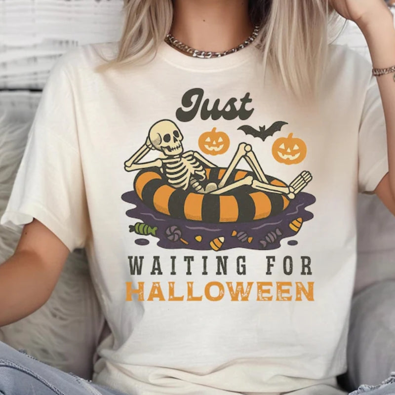Just waiting for Halloween T-shirt, Tank Top, Summerween Unisex T-Shirt, Summer Skeleton, Spooky Summer Tee