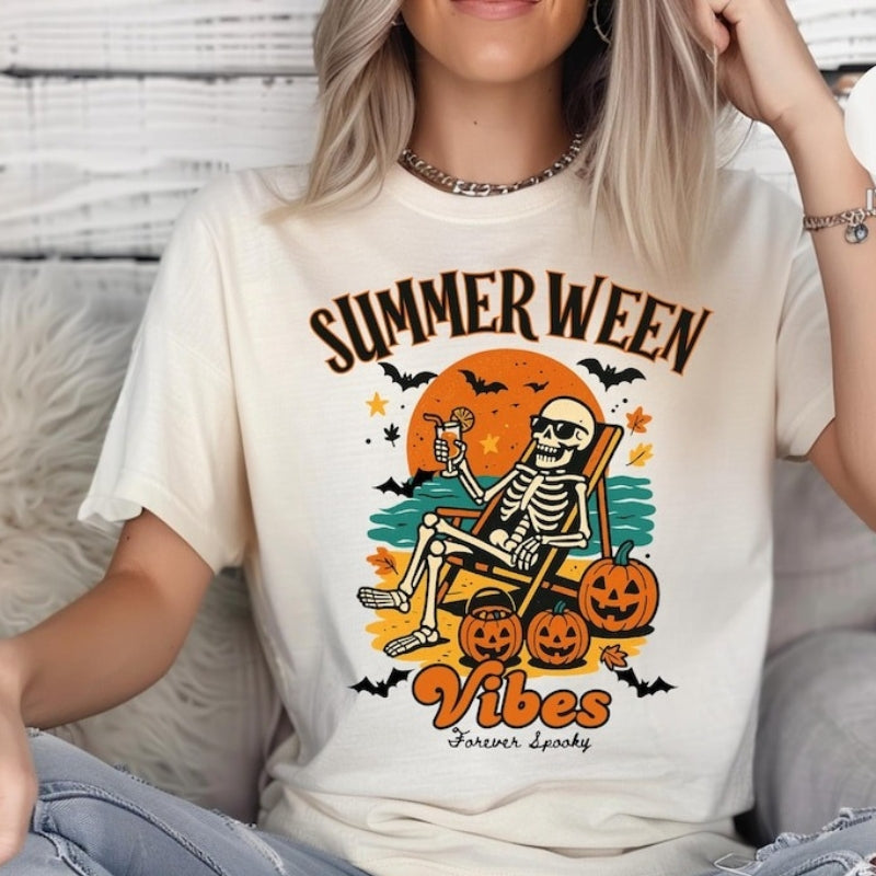 Summerween Vibes Unisex T-Shirt, Tank Top Summer Skeleton, Forever Spooky Summer Tee