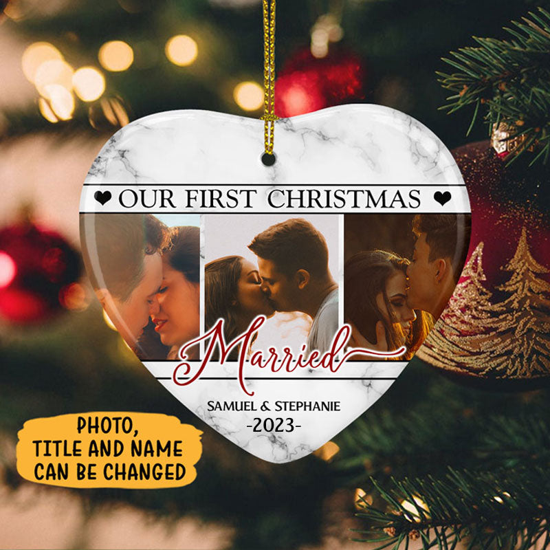 Our First Christmas Couple Status, Personalized Heart Ornaments, Custom Photo Ornament, Gift For Lovers