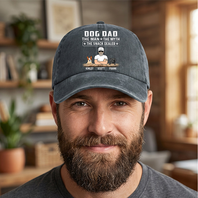 The Man The Myth The Snack Dealer, Personalized Washed Cap, Custom Gifts For Dog Dad