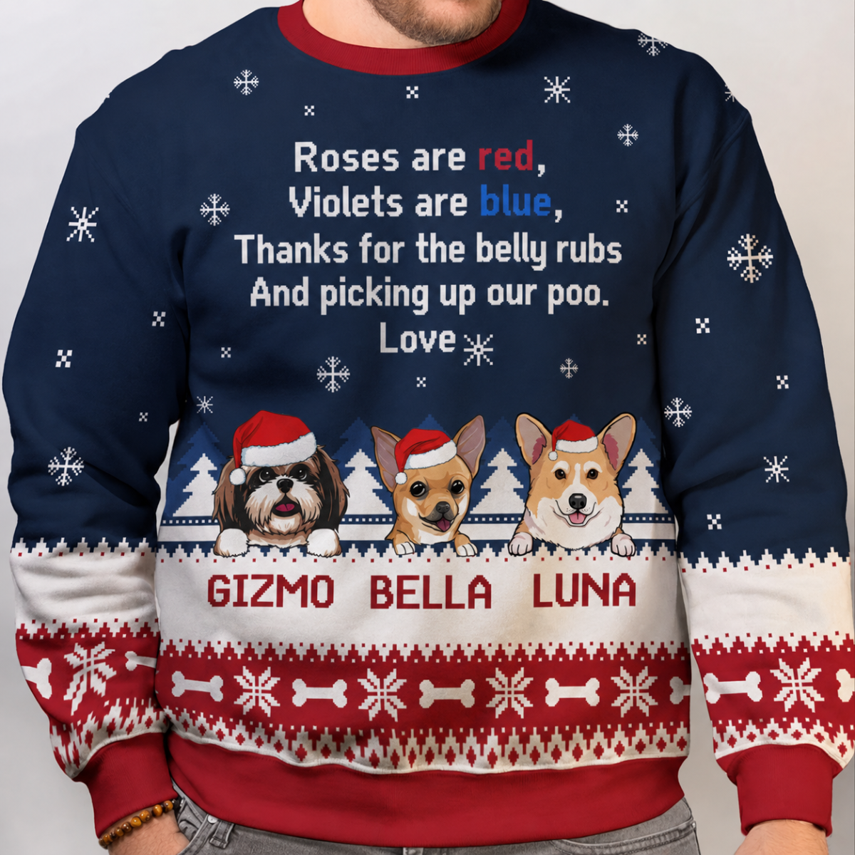 Dog mom Christmas all-over-print sweatshirt, personalized gift for dog lovers - Roses are red, custom printed sweatshirt for dog lovers