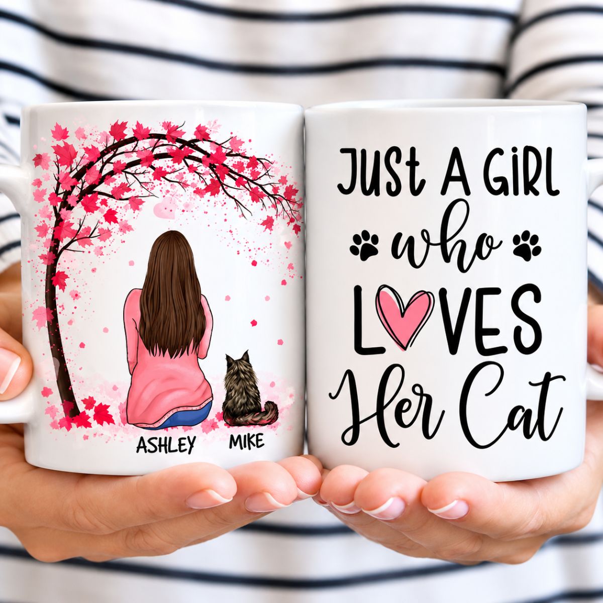 Just A Girl Who Loves Her Cat, Red Tree, Personalized Mugs, Custom Gifts for Cat Lovers