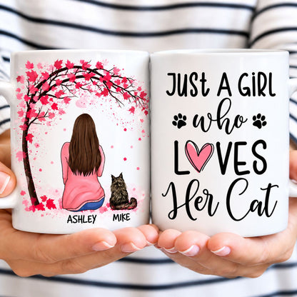 Just A Girl Who Loves Her Cat, Red Tree, Personalized Mugs, Custom Gifts for Cat Lovers