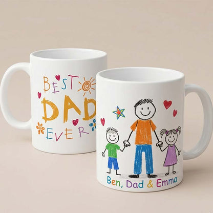 Personalized Best Dad Ever Mug, Kids Drawing Style Coffee Mug, Custom Family Name Mug, Father’s Day Gift for Dad from Kids