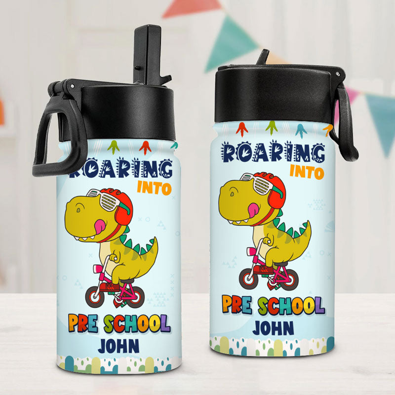 Roaring To School Dinosaur, Personalized Water Bottle With Straw, Back To School Gift For Kids