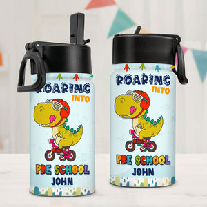 Roaring To School Dinosaur, Personalized Water Bottle With Straw, Back To School Gift For Kids