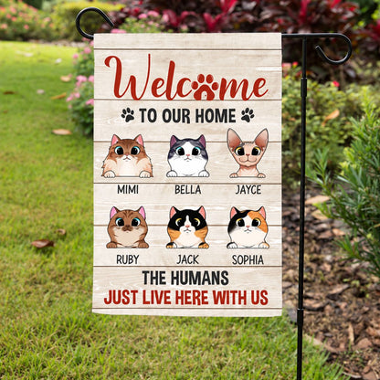 The Humans Just Live Here With Us, Custom Flags, Personalized Cat Decorative Garden Flags, Gift For Cat Lovers