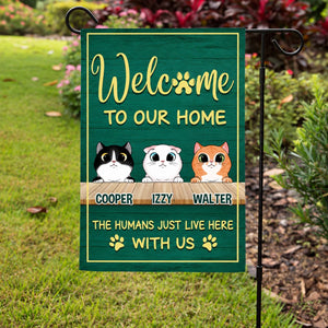 Welcome To Our Home, Green Background, Personalized Decorative Garden Flag, Gift For Cat Lovers