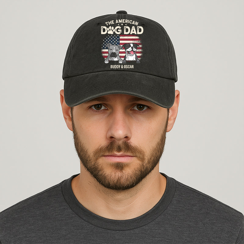 The American Dog Dad Dog Mom Dark Hat, Printed Vintage Cotton Washed Cap, Gifts For Pet Lovers, Custom Photo