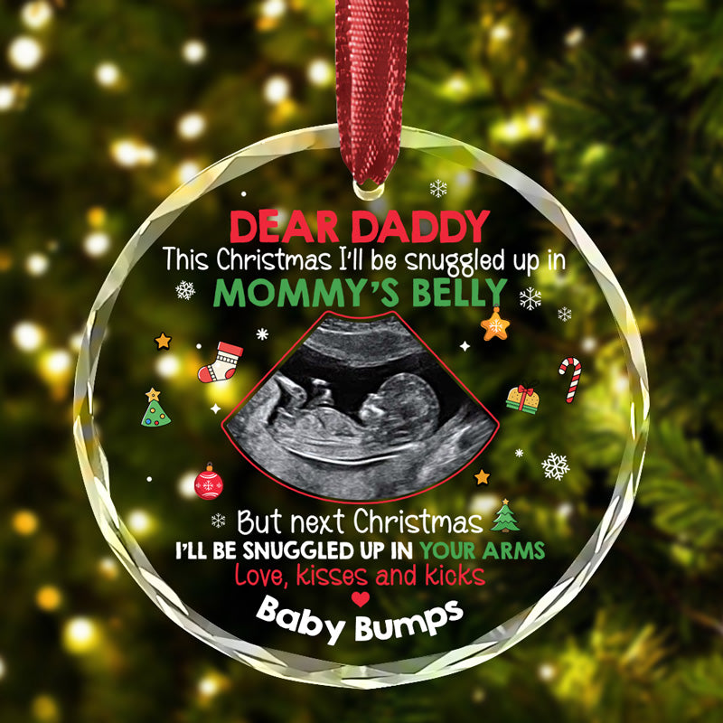 I'll Be Snuggled In Mommy's Belly, Personalized Glass Ornament, Custom Photo Gifts for Dad-to-be